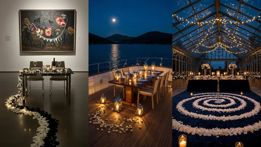 Trois ambiances de dîner romantique avec guirlandes lumineuses, pétales de roses et chandeliers pour une soirée inoubliable.