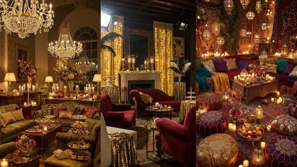 Trois salons festifs pour le Nouvel An avec des lumières tamisées, des bougies et des tissus scintillants. Idées de déco.
