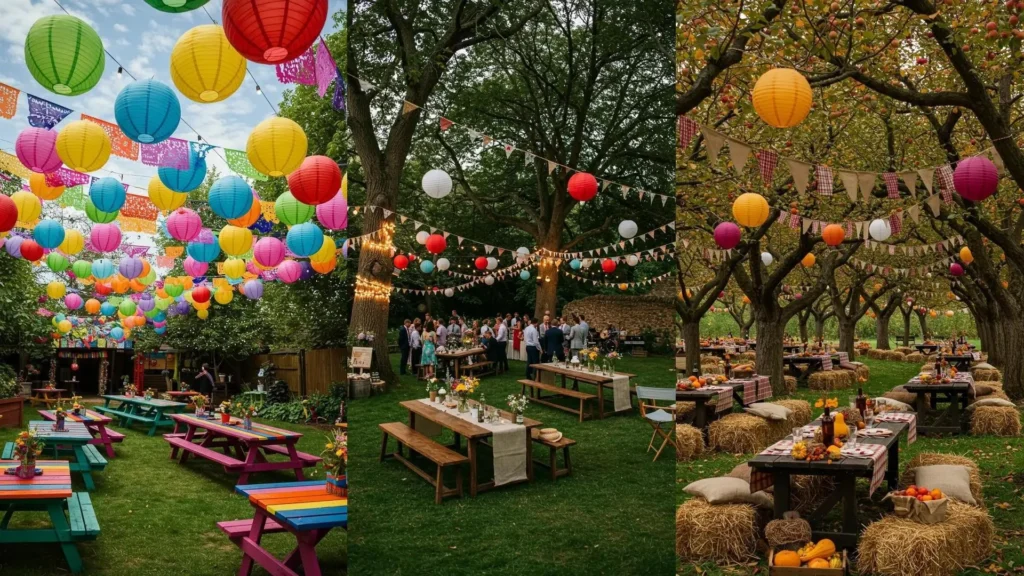Décoration de fête en plein air avec lampions colorés, guirlandes de fanions et tables en bois sous les arbres.