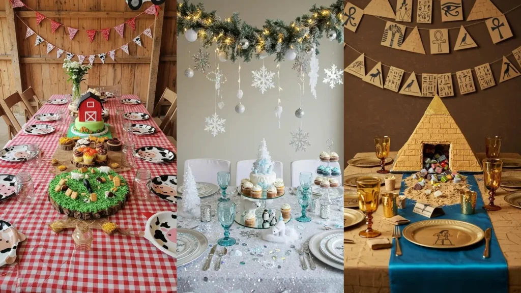 Table d'anniversaire d'enfant festive avec gâteau grange ludique, assiettes à thème vaches et guirlandes colorées.
