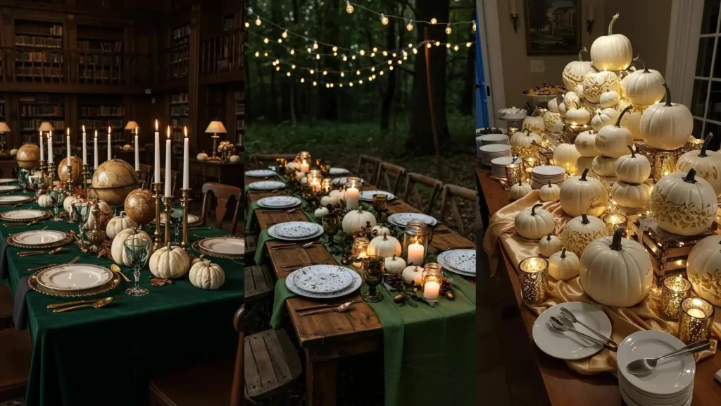 Table Halloween chic avec citrouilles blanches, touches dorées et lumières tamisées pour une ambiance élégante.