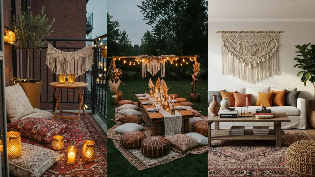 Décoration bohème chic avec guirlandes macramé, bougies dorées et coussins ethniques pour une ambiance cosy.