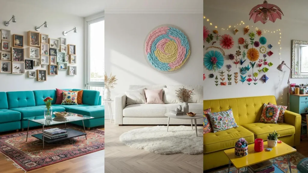 Trois salons inspirants avec des décorations murales DIY variées pour un espace créatif et personnel.