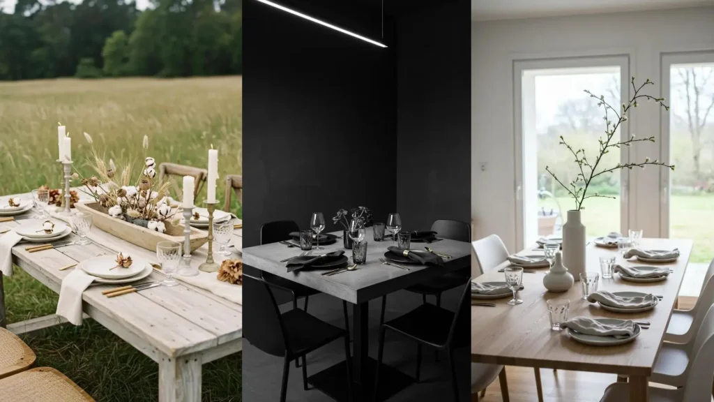 Trois ambiances de tables minimalistes et élégantes : champêtre, moderne et scandinave. Couleurs neutres, textures naturelles.