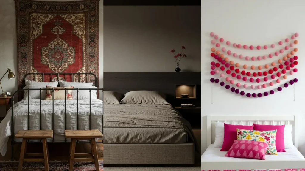 Trois têtes de lit originales pour chambre romantique: tapisserie murale, panneau de bois et guirlande de pompons.