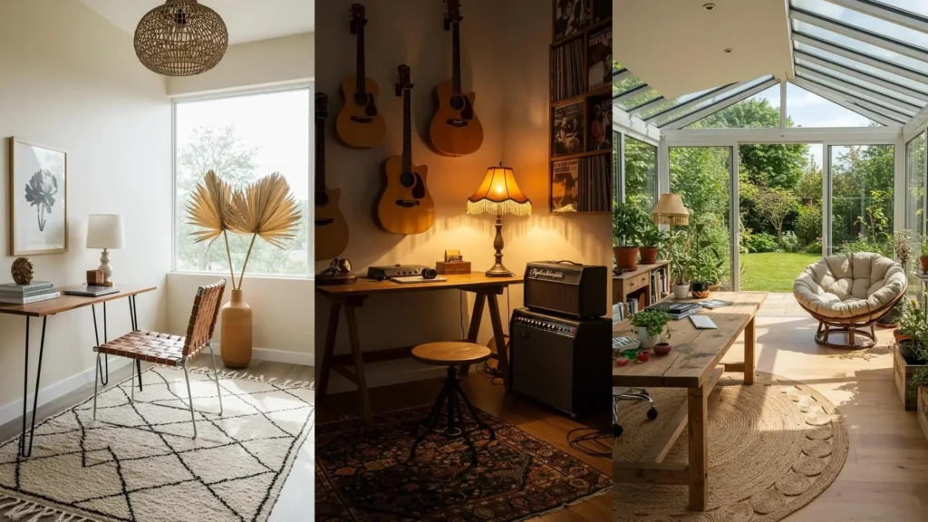 Déco télétravail bohème: tapis ethnique, plantes, lumière chaude. Trois ambiances inspirantes.