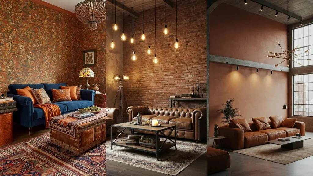 Plusieurs salons cosy aux murs terre cuite, canapés confortables et éclairage doux, créant une ambiance chaleureuse.