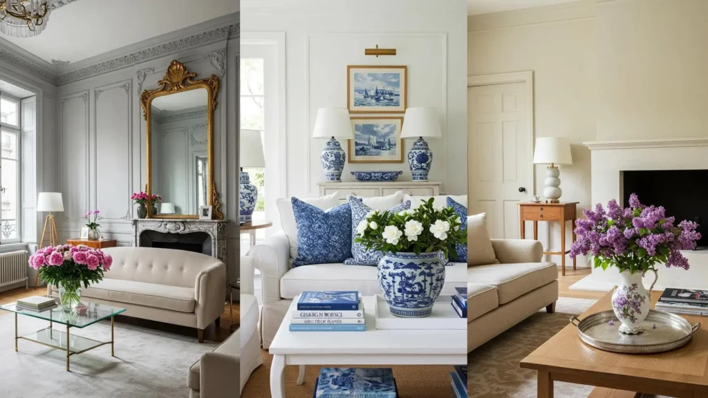 Trois salons printaniers lumineux avec murs clairs, mobilier léger et vases de fleurs fraîches colorées.