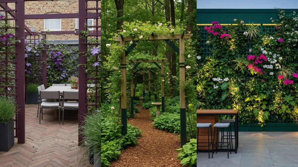 Diverses plantes grimpantes décoratives sur treillis en bois peint, incluant clématites et bougainvilliers, dans 3 ambiances de jardin.