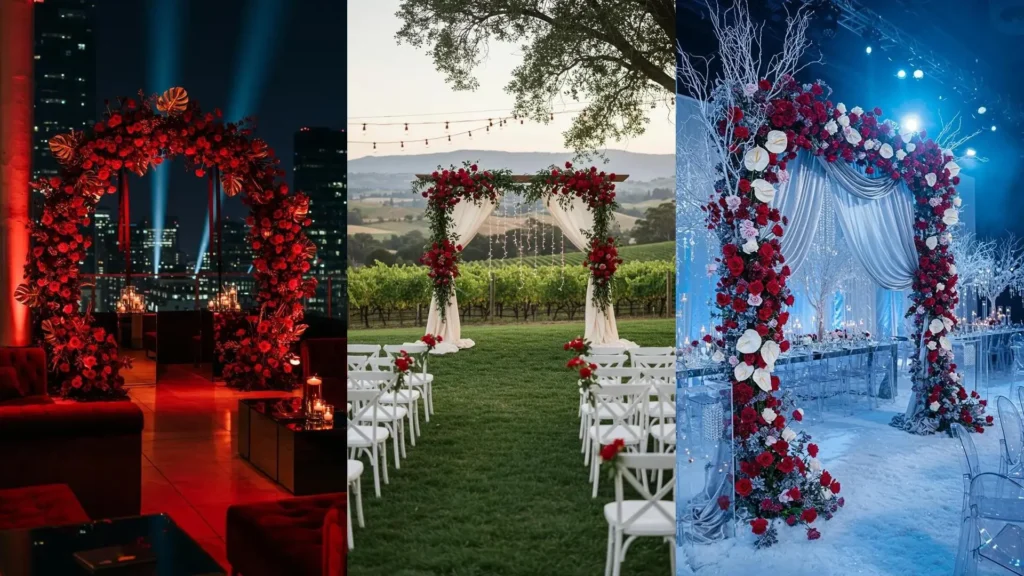 Arches florales de mariage glamour avec roses rouges, drapés satinés et éclairage de scène élégant.