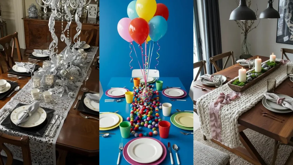 Table de Noël moderne : chemin de table argenté, rubans, décorations scintillantes et assiettes festives.