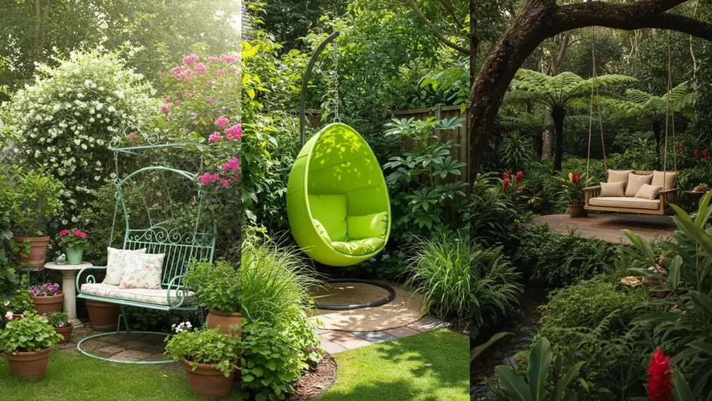 Trois coins lounge tropicaux luxuriants avec fauteuils suspendus colorés et plantes exotiques pour une ambiance relaxante.