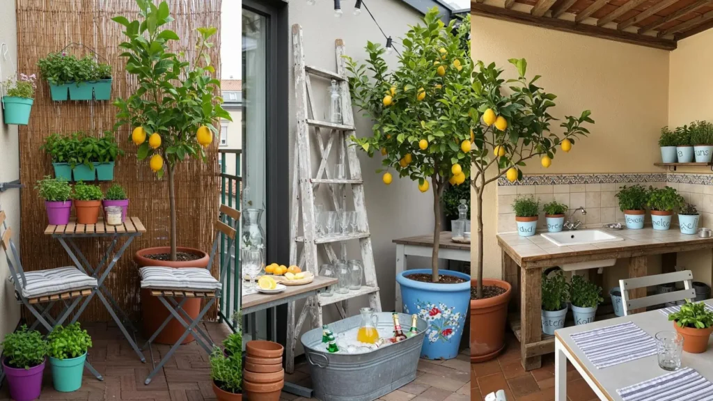 Balcon méditerranéen DIY avec citronniers en pot, poteries colorées et textiles rayés. Ambiance chaleureuse et ensoleillée.