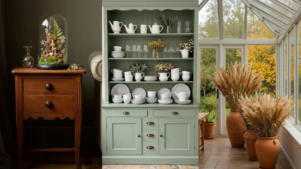 Déco automnale chaleureuse avec fleurs séchées, herbe de la pampa et composition florale sous cloche.