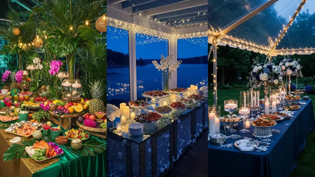 Trois buffets élégants pour le Nouvel An avec bougies, plateaux gourmands et décorations lumineuses.