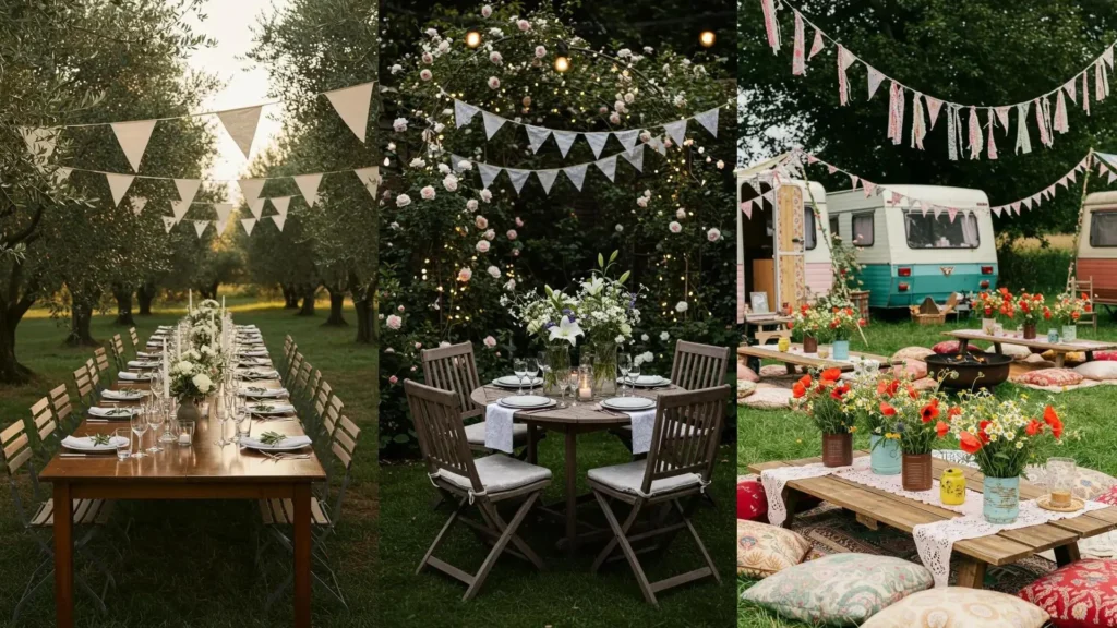 Ambiance de fête champêtre estivale avec guirlandes de fanions, tables décorées et bouquets sauvages.