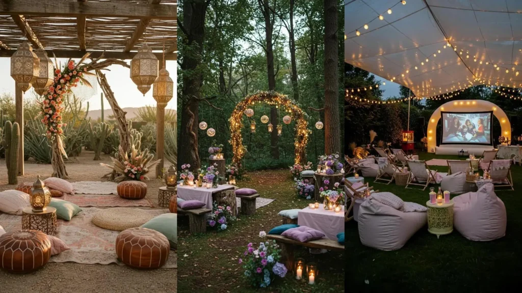 Ambiance féerique de garden party avec arches de verdure, coussins pastel et éclairages suspendus en soirée.