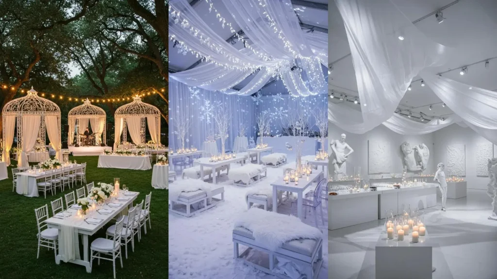 Décoration de soirée blanche élégante avec voilages légers, bougies ivoire et guirlandes LED pour une ambiance féerique.