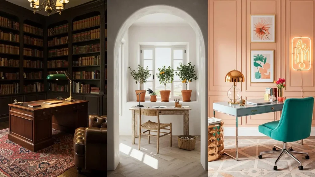 Bureaux à domicile décorés selon les saisons : style printanier frais, estival tropical, automnal chaleureux et hivernal cocooning.