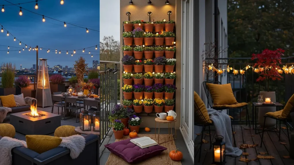 Trois balcons décorés pour l'automne avec guirlandes lumineuses, feuillages colorés et ambiance chaleureuse.