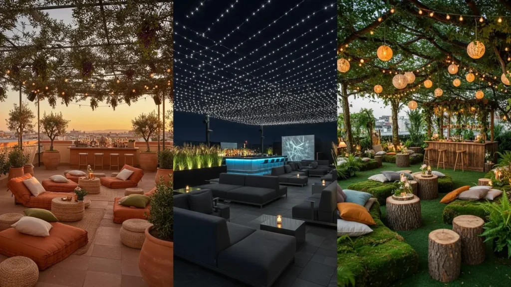 Ambiance de fête sur un rooftop avec guirlandes LED, canapés bas et bar à cocktails pour une soirée raffinée.