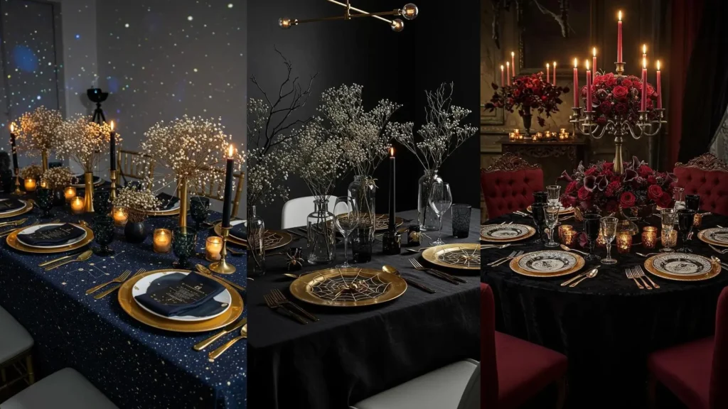 Trois tables d'Halloween chics avec nappes noires, vaisselle dorée, bougies et bouquets secs pour un dîner élégant.