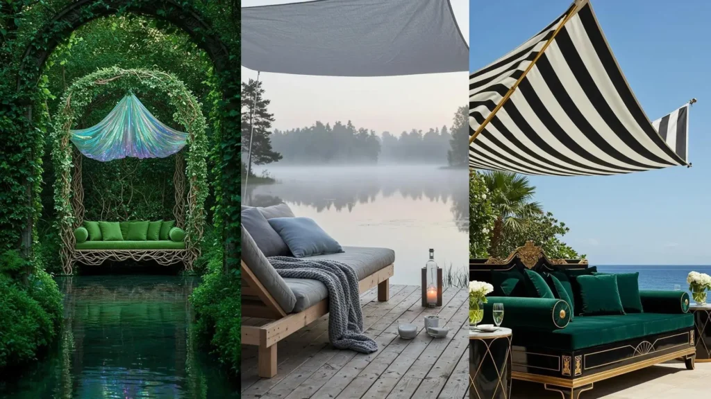 Trois lits de jour d'extérieur avec voiles flottants et coussins XXL, parfaits pour la détente en plein air.