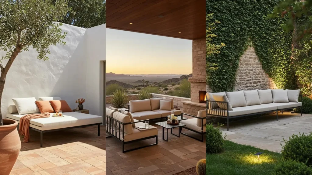 Trois salons de jardin en aluminium noir mat avec coussins écrus dans différents extérieurs élégants.