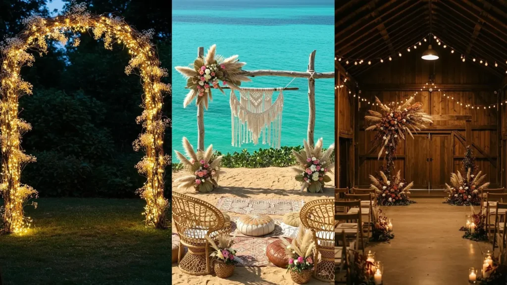 Arches florales pour mariage bohème et rustique, avec fleurs séchées, herbe de pampas, macramé et lumières.