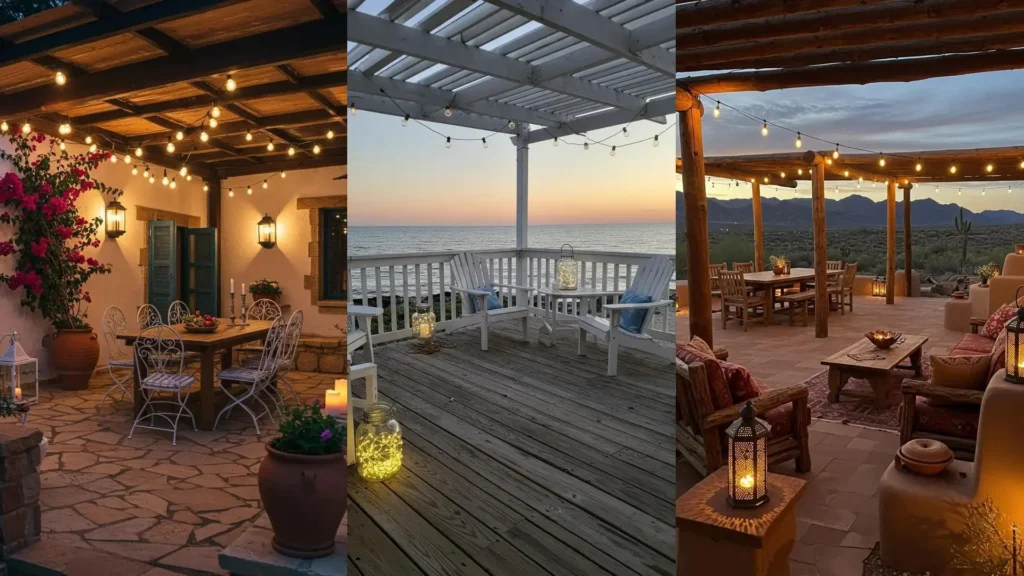 Terrasse décorée avec guirlandes lumineuses, lanternes et ambiance guinguette pour des soirées d'été réussies.