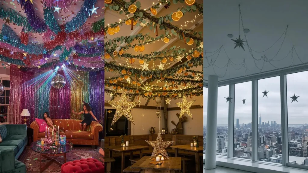 Divers décors de plafond du Nouvel An avec suspensions étoilées et guirlandes lumineuses festives.