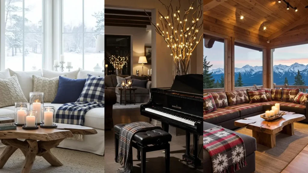 Salon d'hiver cocooning avec plaids, bougies chaleureuses et table en bois flotté, vue sur paysage enneigé.