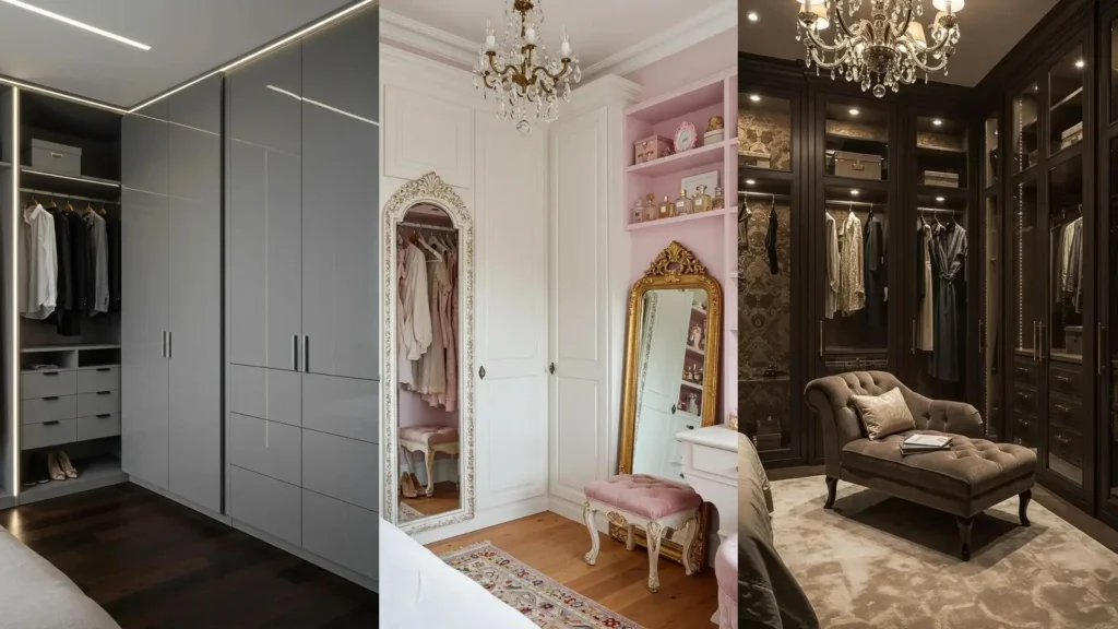 Trois exemples de dressings sur mesure, avec placards astucieusement transformés et rangements optimisés.