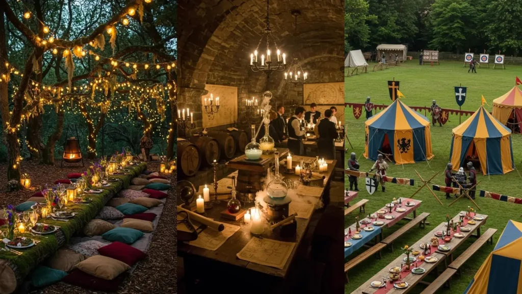 Décorations de fête médiévale : banquets rustiques en extérieur, blasons colorés, tentes et bougies à cire.