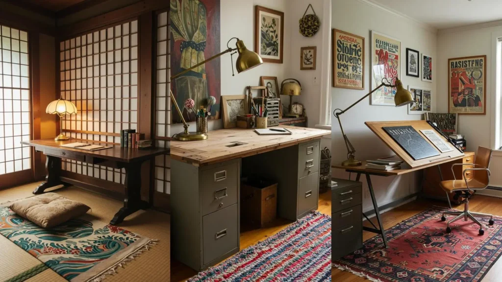 Inspirations bureau vintage avec vieux meubles retapés, lampes en laiton et tapis colorés pour une déco DIY.