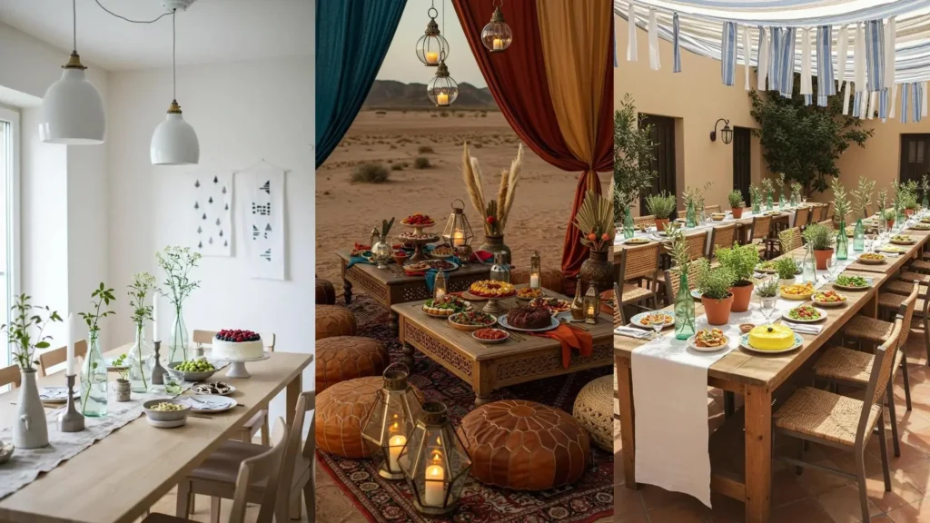 Trois ambiances de déco anniversaire éco-responsable avec centres de table en verre recyclé et guirlandes en tissu.