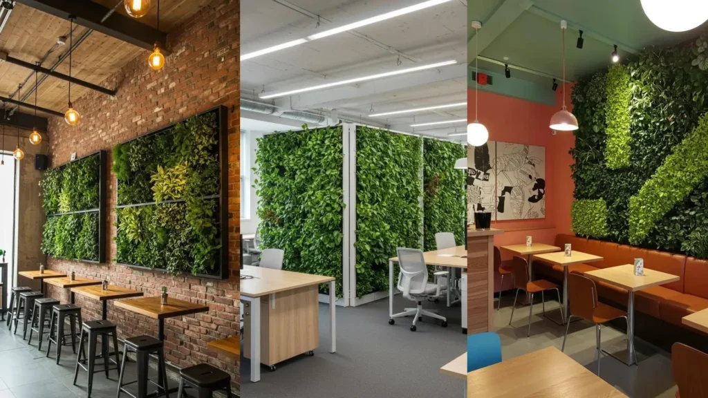 Murs végétaux modulaires tendance dans des bureaux modernes et cafés stylés.