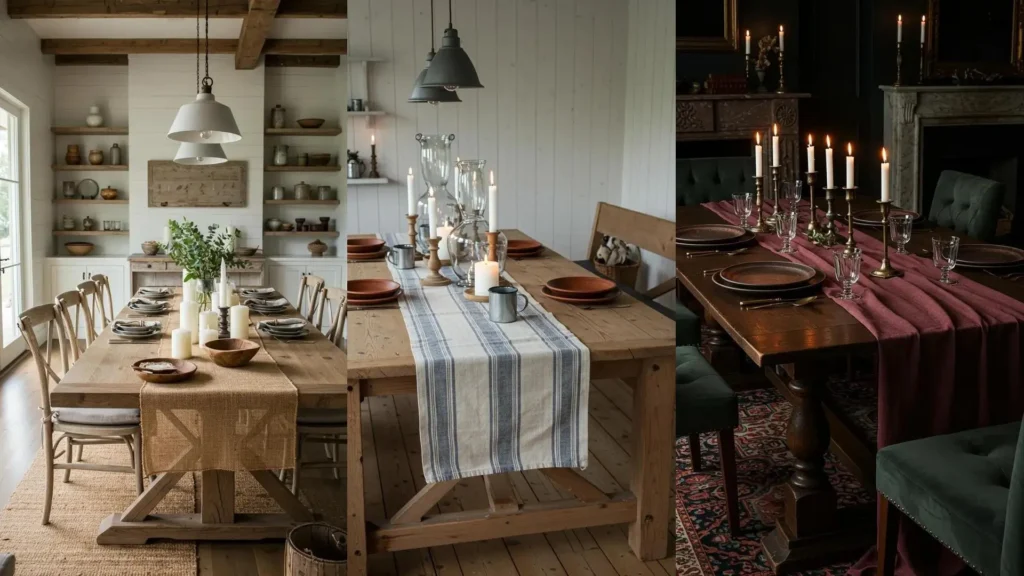 Trois tables pour un dîner rustique : chemins de table tissés, bougies décoratives et vaisselle brute.
