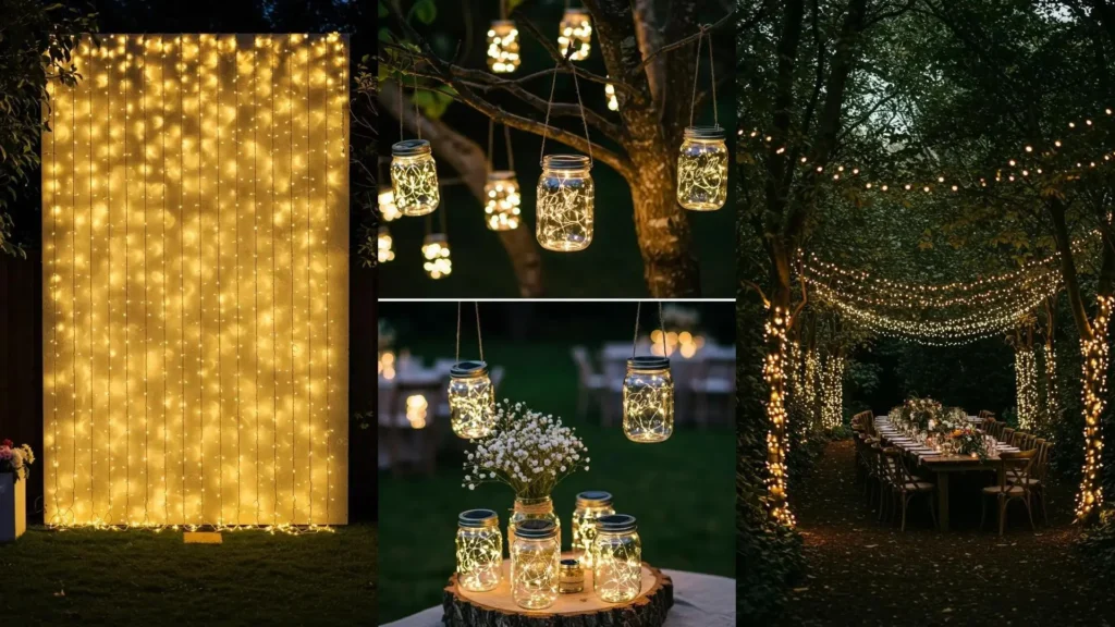 Jardin transformé en lieu de réception féérique avec éclairage de fête, guirlandes lumineuses et bocaux scintillants.
