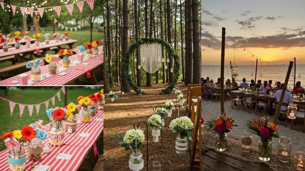 Diverses compositions florales DIY originales avec bocaux et ficelle pour un mariage, décor champêtre, bohème ou bord de mer.