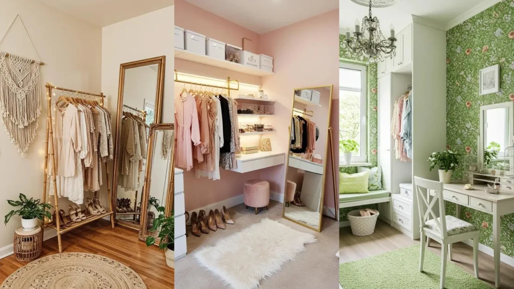 Trois dressings glamour et fonctionnels avec miroirs, vêtements et rangements astucieux pour une déco petit budget.