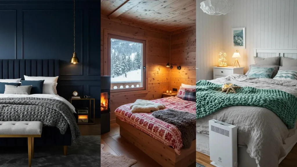 Trois chambres cosy hivernales avec plaids douillets, chauffage d'appoint et éclairage chaleureux.