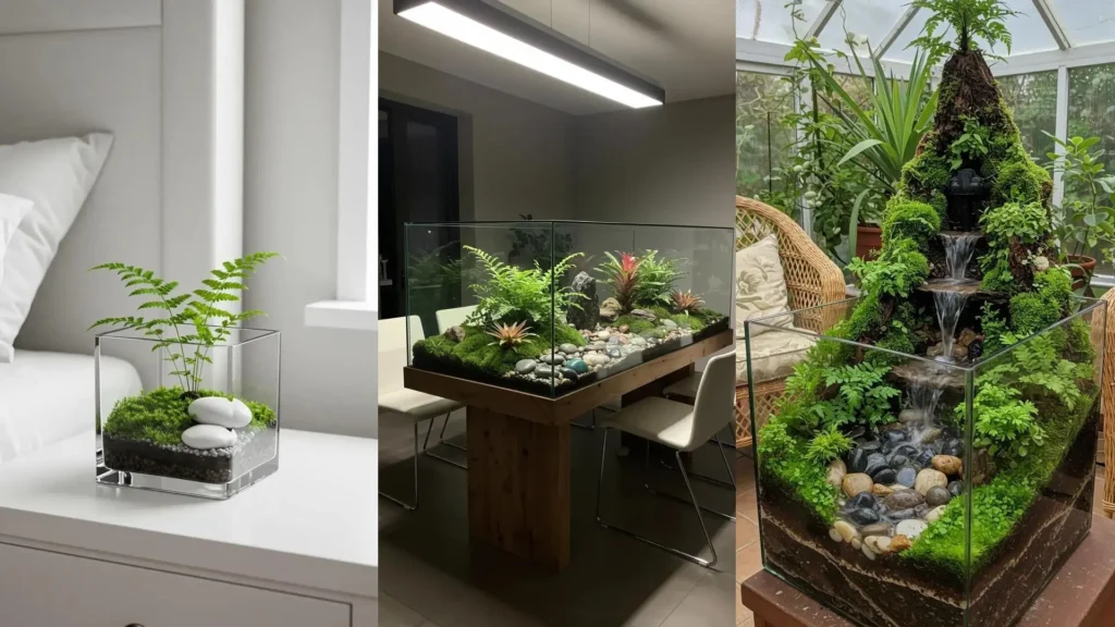 Plusieurs terrariums décoratifs avec fougères miniatures, plantes tropicales, cascades et pierres polies. Découvrez l'inspiration !