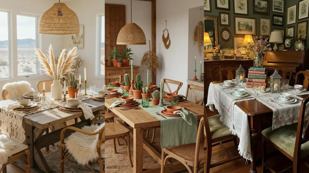 Trois tables festives créatives avec vaisselle, bougies et centres de table récupérés pour petit budget.