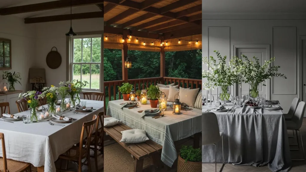 Tables d'été décorées avec nappes rayées, fleurs sauvages, fruits frais et lanternes pour une ambiance estivale.