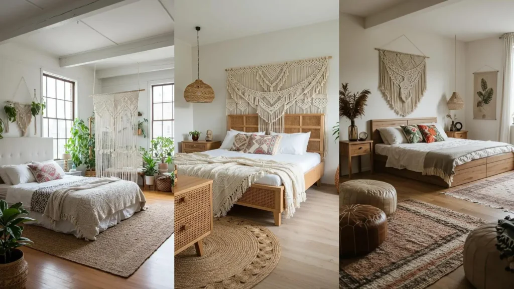 Chambre bohème chic romantique avec macramé, coussins imprimés colorés et tapis artisanal texturé. Ambiance douce.