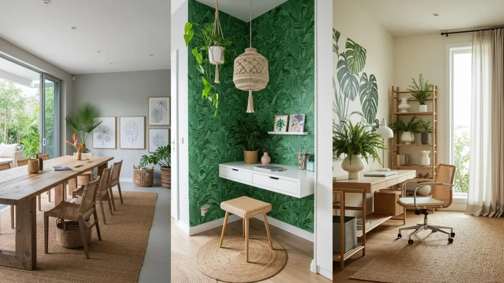 Trois bureaux maison au style tropical estival avec motifs feuilles, plantes vertes, meubles en bois et matières naturelles.