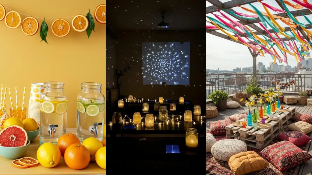 Déco anniversaire zéro déchet avec guirlande d'oranges séchées, lanternes en pots et tentures colorées en tissu.