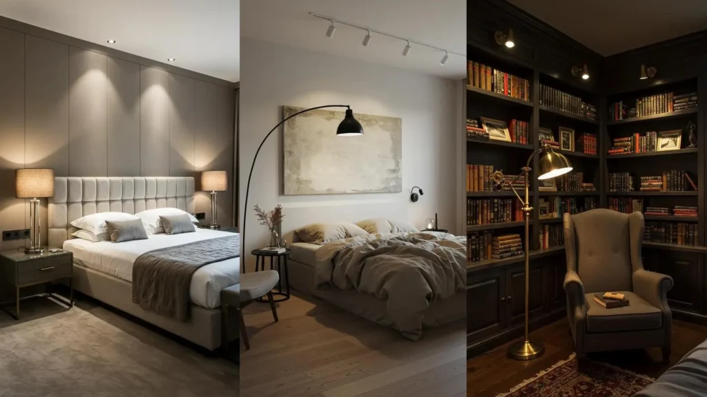 Éclairage chaleureux de chambres et dressing: spots orientables, lampes de chevet et lampadaires d'ambiance.