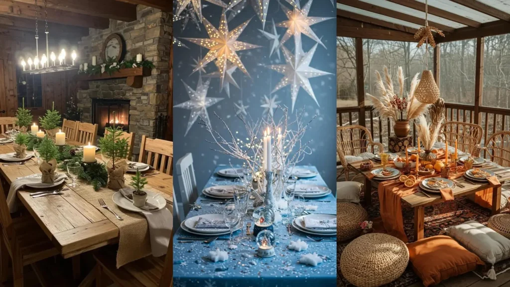 Trois tables de Noël décorées avec des idées de cadeaux déco pour une ambiance festive à la maison.